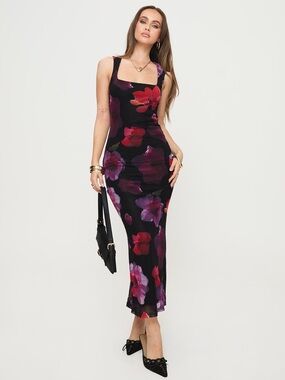 Princess Polly Black Midi Dress with Red and Purple Floral Print